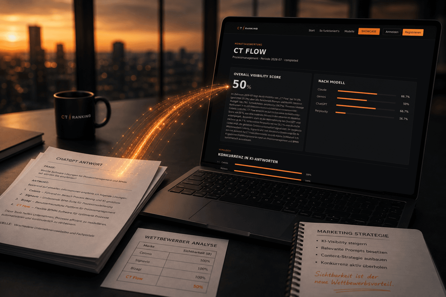 CT Ranking Dashboard: Visibility Score und Modellvergleich auf dem Laptop